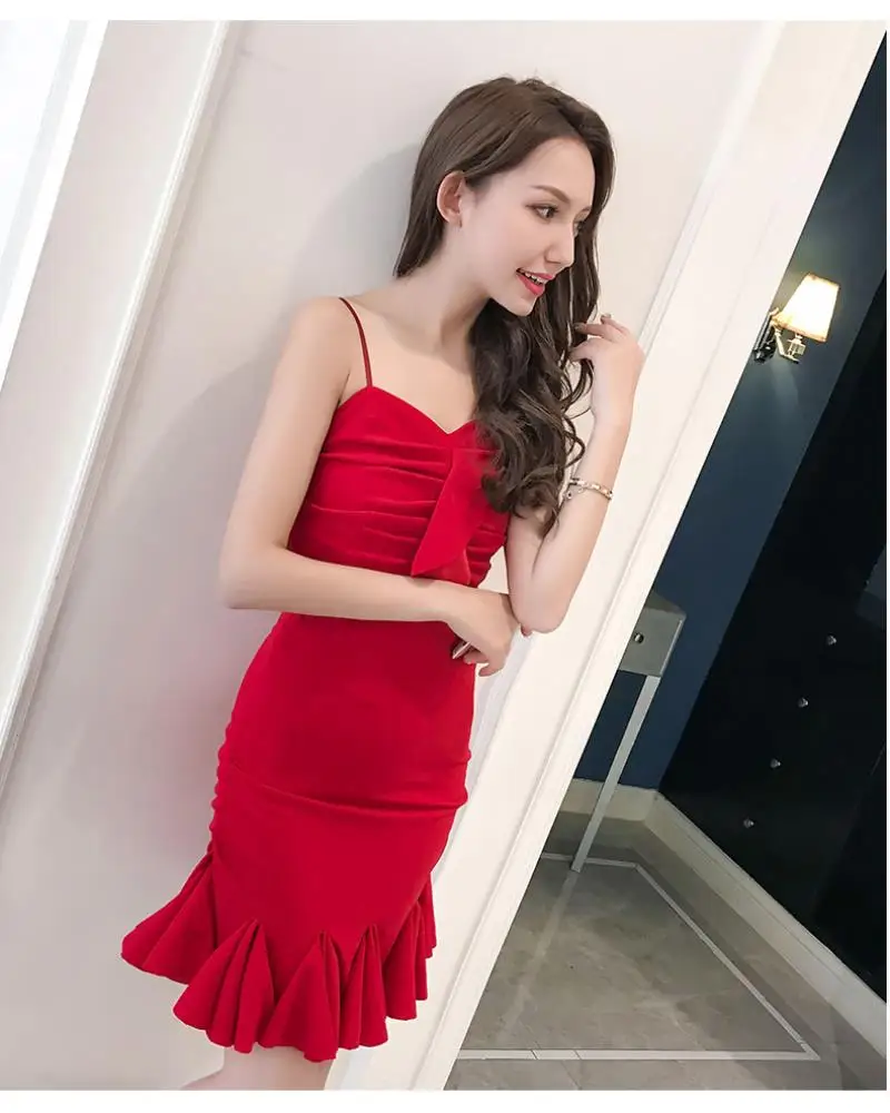 New 2018 Summer  Red Slim Dress  Women Formal Party Dress Women Sling  Sexy Bodycon Ruffles Fishtail Dress Free shipping