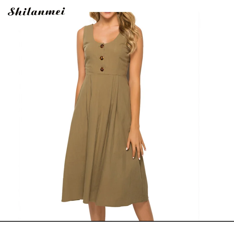 

Solid Brown Cotton Fabric Slim Women Long Dress Casual Backless Vest With Pocket Patchwork Summer Fashion Clothing Femme