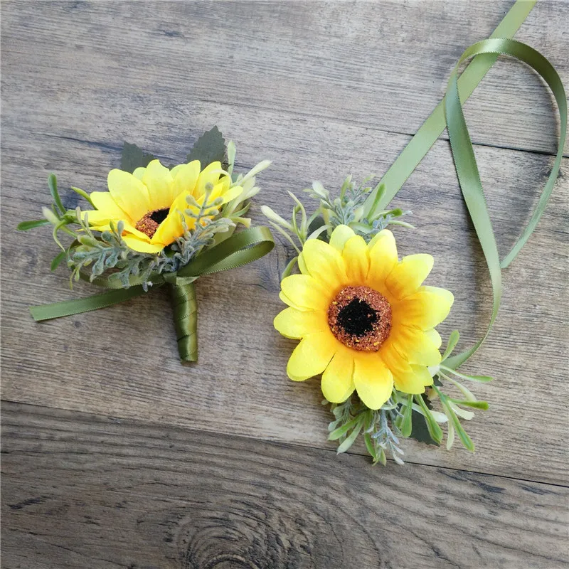 

Artificial Sunflower Groom Boutonniere Bridal Girl Wrist Corsage Silk Artificial Flowers Wedding Party Suit Decoration