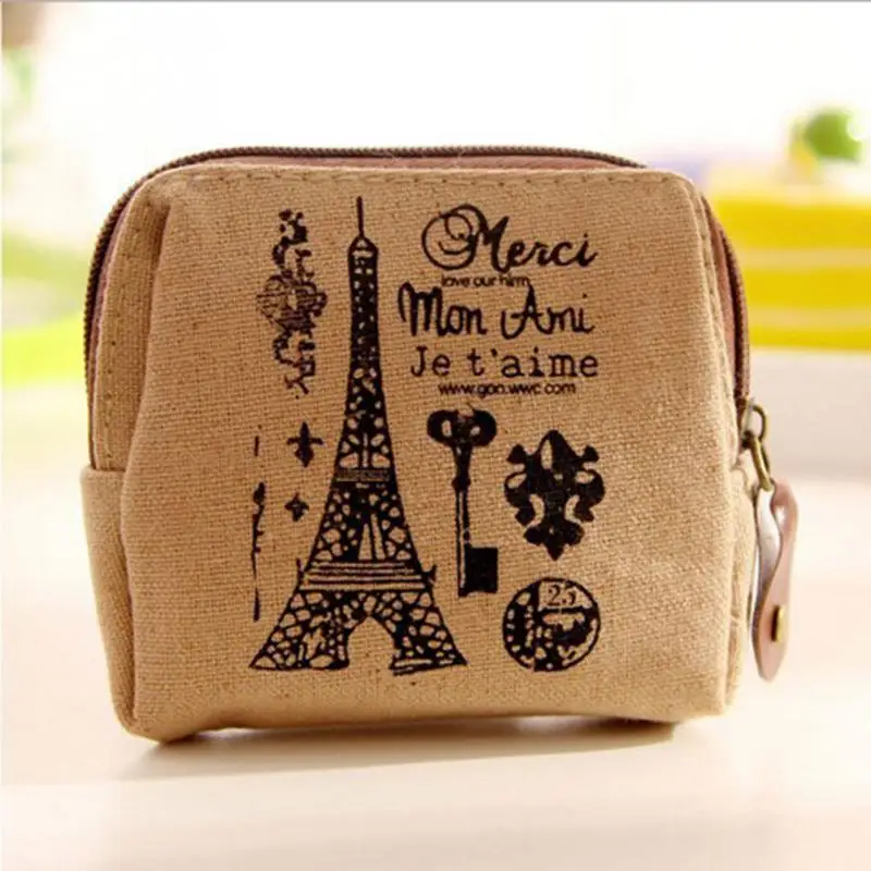 

Vintage Canvas Coin Purse Retro Kawaii Paris Printed Zipper Coin Wallet Mini Bag Women Kids Casual Key Pouch Case Card Holder