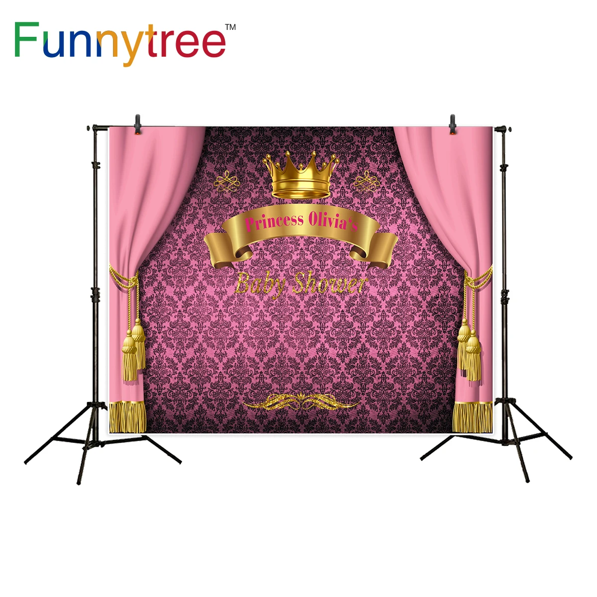 

Funnytree Princess birthday background for dessert table damask Crown party celebrate backdrop photocall photobooth custom free