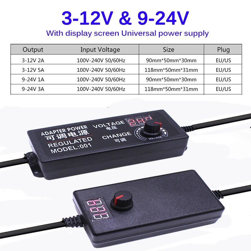 Регулируемый адаптер переменного тока в постоянный ток 3-12 в 9-24 В 2A 3A 5A с регулируемым напряжением с экраном дисплея Универсальный адаптер питания штепсельная вилка стандарта ЕС/США