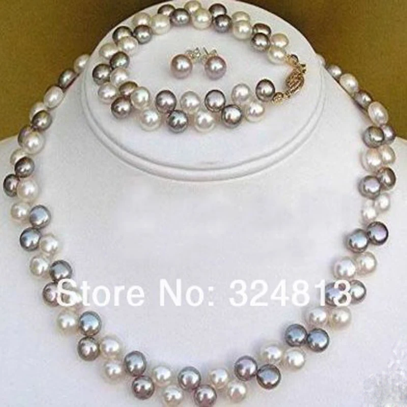 

2018NEW 2 rows Black White pearl necklace bracelet earrings #1933
