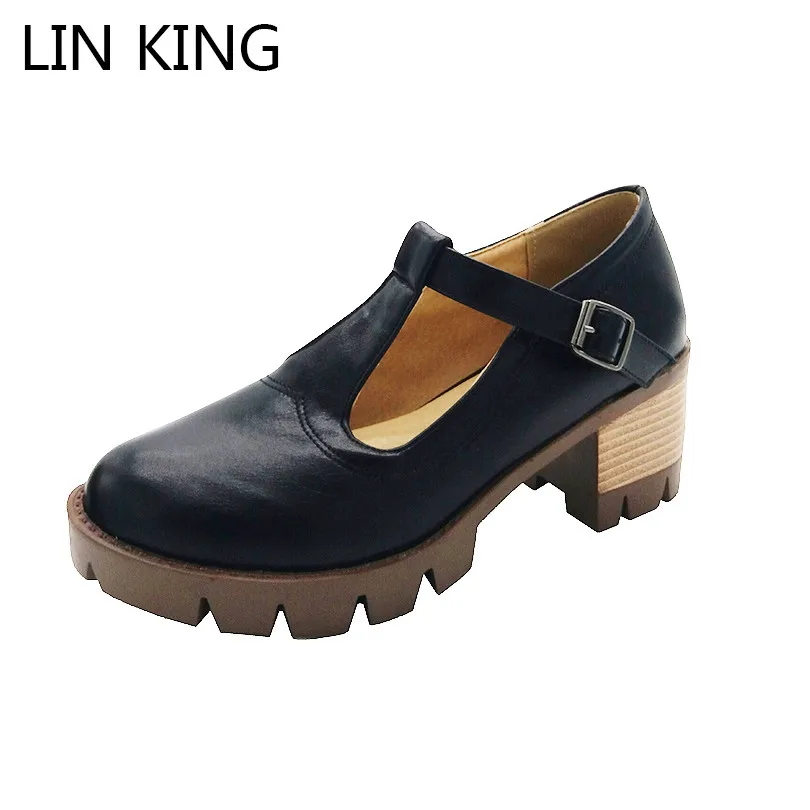 

LIN KING Fashion Buckle Round Toe Women Pumps Comfortable Shallow Mouth Leather Shoes New Arrive Girls Brogue High Heel Shoes