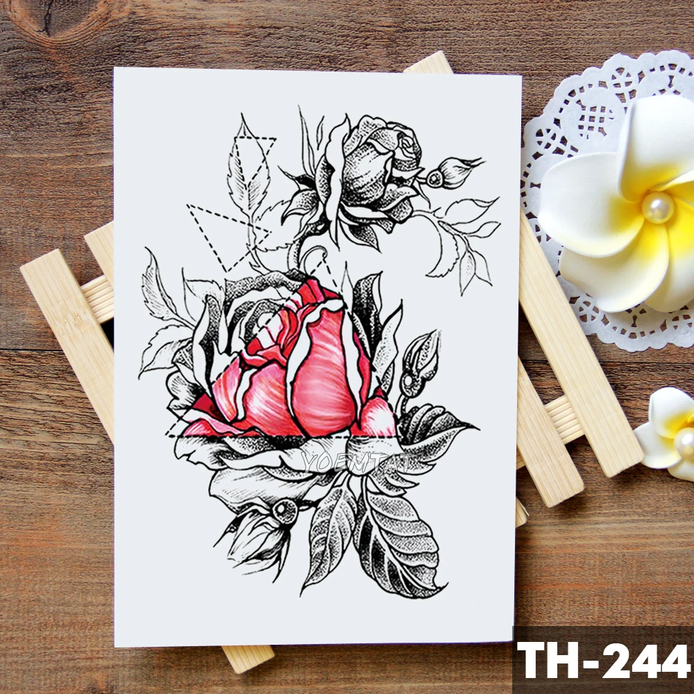 رسم زهرة زهر الفاوانيا روز للماء المؤقتة الوشم ملصق الأسود الوشم هيئة الفن الذراع اليد فتاة النساء وهمية الوشم