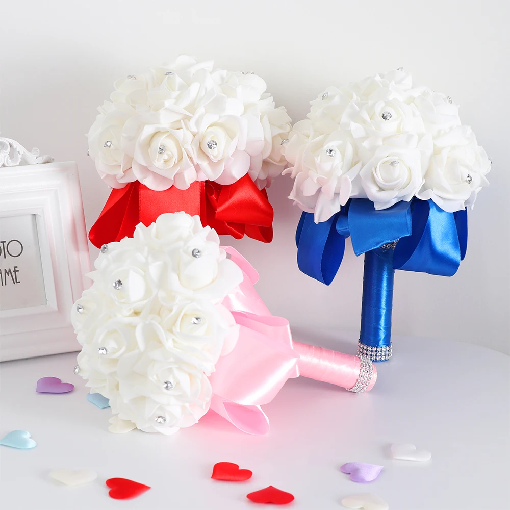 

Handmade Foam Bridal Wedding Bouquet Rose Silk Flower Rhinestone For Bridesmaids Pink Peony Bouquet Bridal Silk Flower