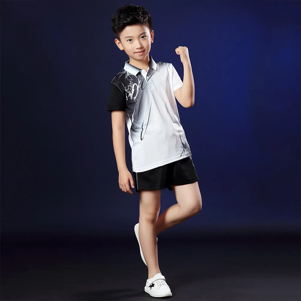 Adsmoney/Детский костюм для бадминтона с короткими рукавами, дышащий Теннисный костюм с принтом, футболка с короткими рукавами+ шорты - Цвет: Children Black