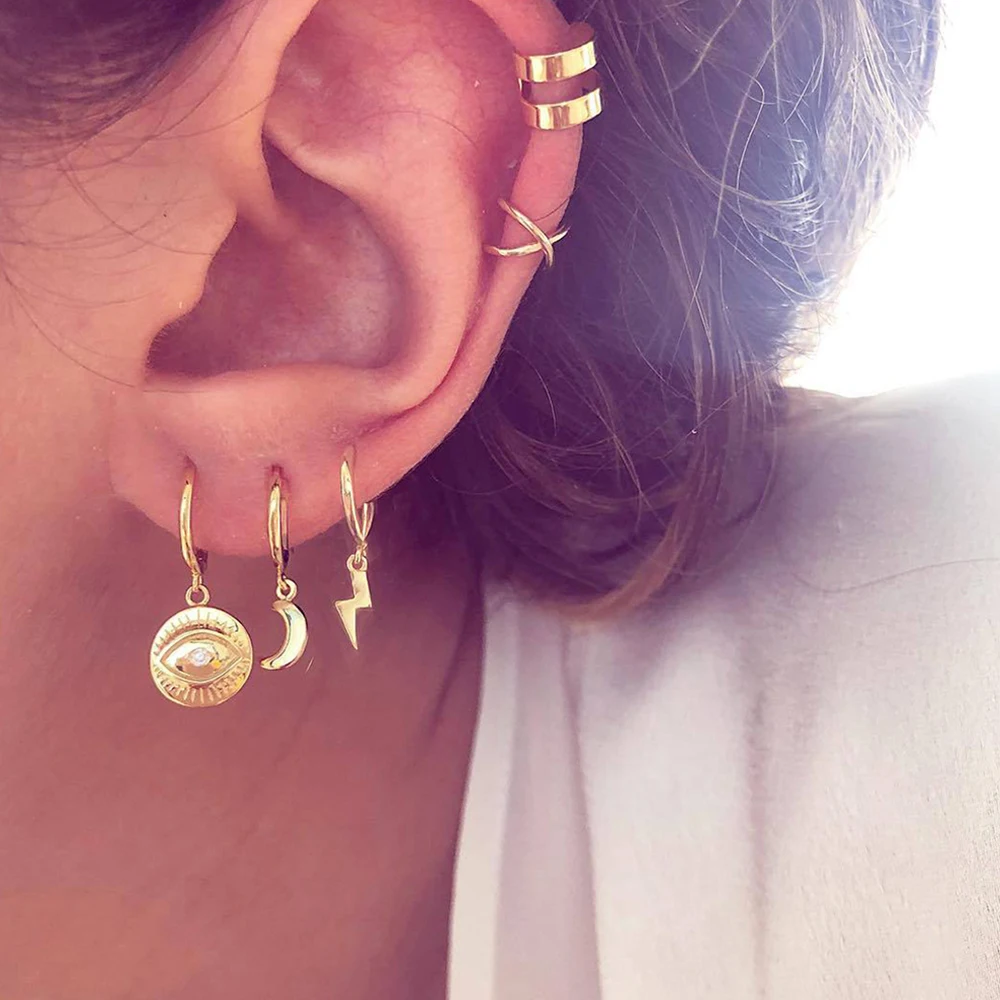 

5 Pcs/set Bohemian Fashion Eye Moon Lightning Geometric Gold Back Hanging Stud Earrings Set Charm Party Jewelry Accessories