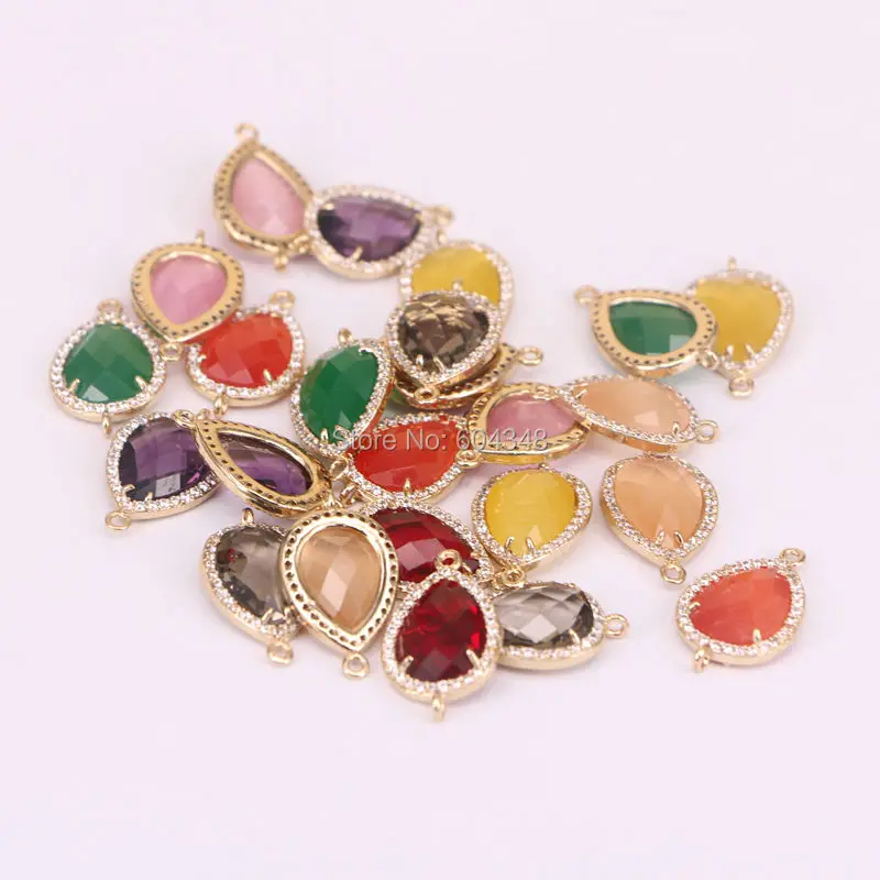 

20pcs Mix Color Faceted Crystal Glass Connector Beads Water Drop shape with Pave Setting Zircon Gem Charm For Jewelry Making