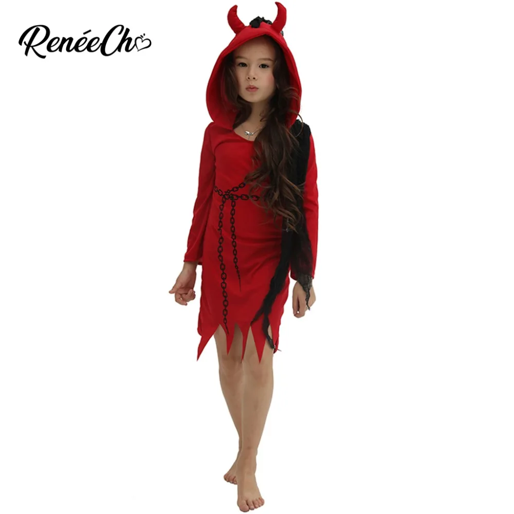 Костюм на Хэллоуин для детей; коллекция года; костюм дьявола для девочек; костюм демона вампира; красная страшная одежда для костюмированной вечеринки; Платье с принтом железной цепи и капюшоном