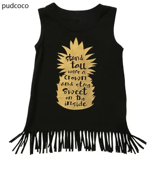 

Cute Baby Kids Girls Summer Cotton Tassels Dresses Sleeveless Gold Pineapple Letters Print Dress Outfit Clothes 0-5Y