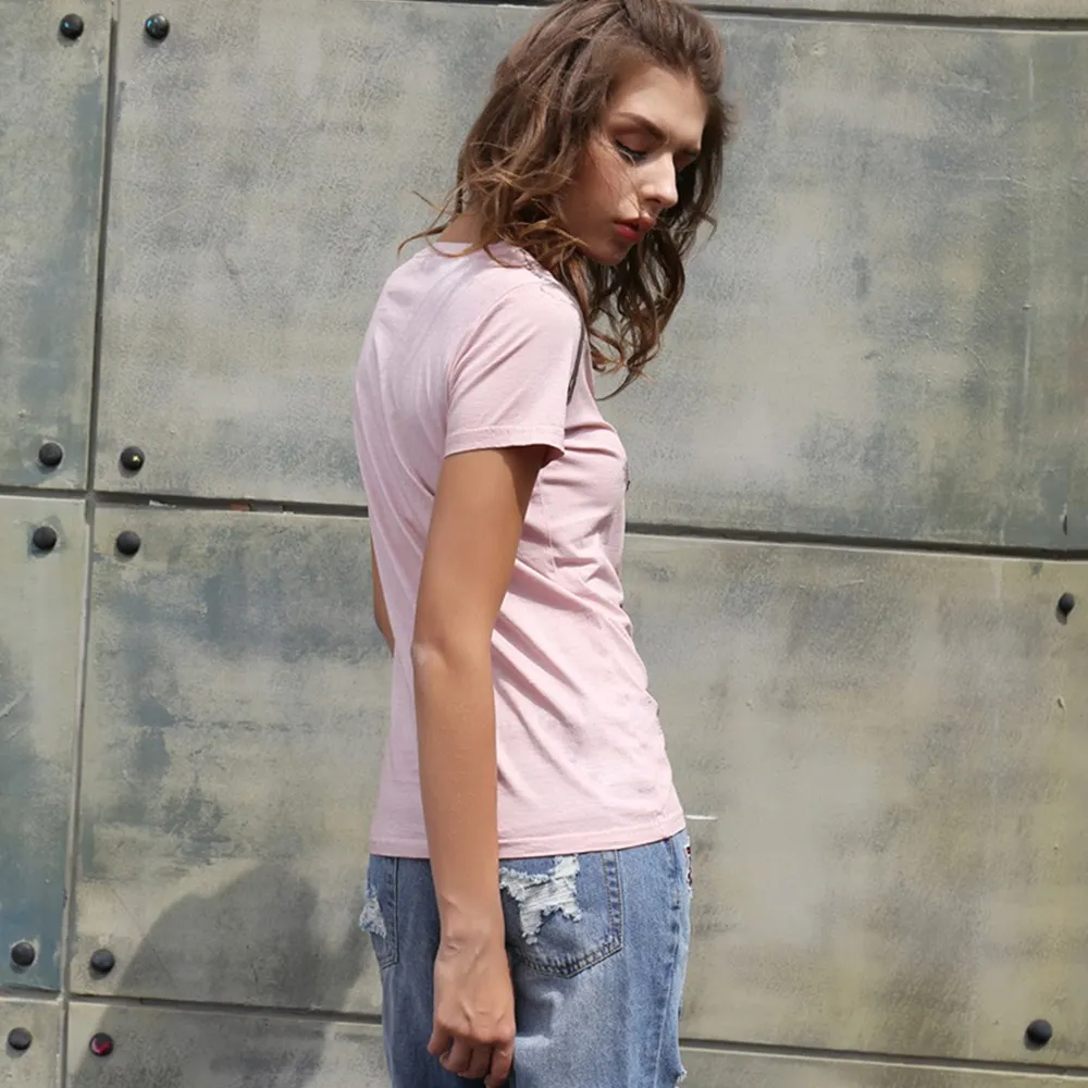 ILISMABA fashion t shirt women 2017 new short sleeve summer Large five-pointed star super flash holes pink summer shirt XL XXL