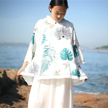

ORIGOODS Chinese style Print Blouse Women Plus size Silk Linen Summer Blouse Shirt Women Brand Vintage Tops Shirt Blusas D007