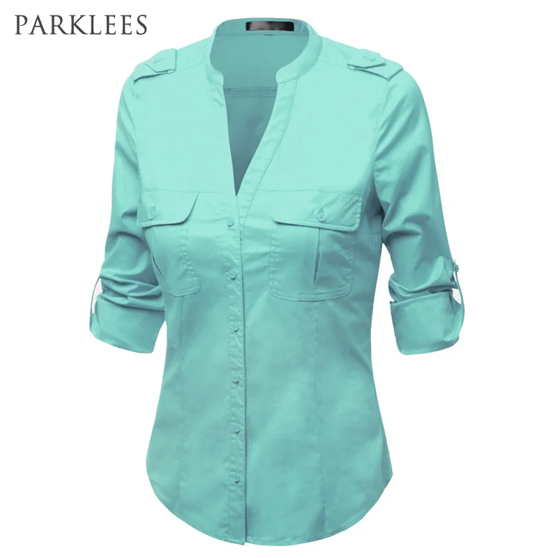 Deep V Neck Turn Down Collar Plain Blouses Deep V Neck Turn Down Collar Plain Blouses
