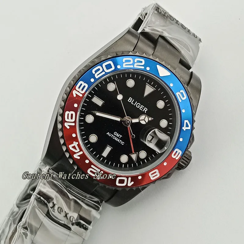 

40mm Bliger Date Sapphire Glass Red GMT Hand Black Dial PVD Case Luminou Automatic Men's Watch