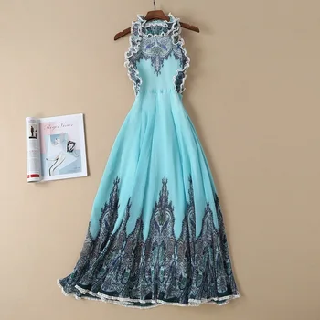 

Ellacey High-end Halter Banquet Dress Women Off The Shoulder Long Maxi Dress Women's Organza Print Pleated Dress Light Blue
