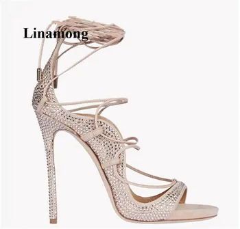 

2018 Fashion Cross-tied Design Thin High Heel Women Sandals Cover Heel Lace-Up Crystal Vamp Fashion High Heel Women Sandals