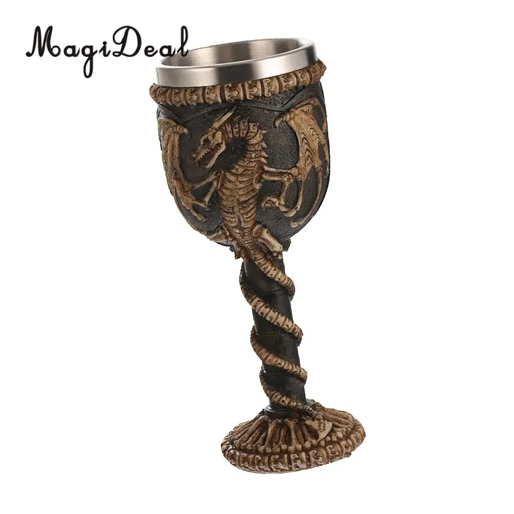 MagiDeal Practical Gothic Double Wall Resin Stainless Steel Dragon Wine Goblet Steampunk Collectible Decorative Craft Gift Cup