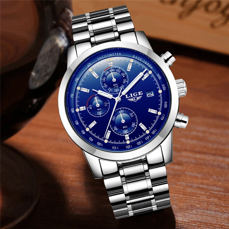 LIGE Watch Men Luxury Brand Fashion Quautz Watches Men's Full Steel Multi-function Military Sport Wristwatch Relogio Masculino