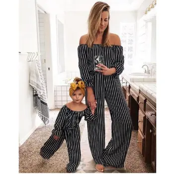 

Mommy And Me Striped Jumpsuit 2019 Family Matching Clothes Baby Girls Off-Shoulder Jumpsuit Mom And Daughter Summer Clothes