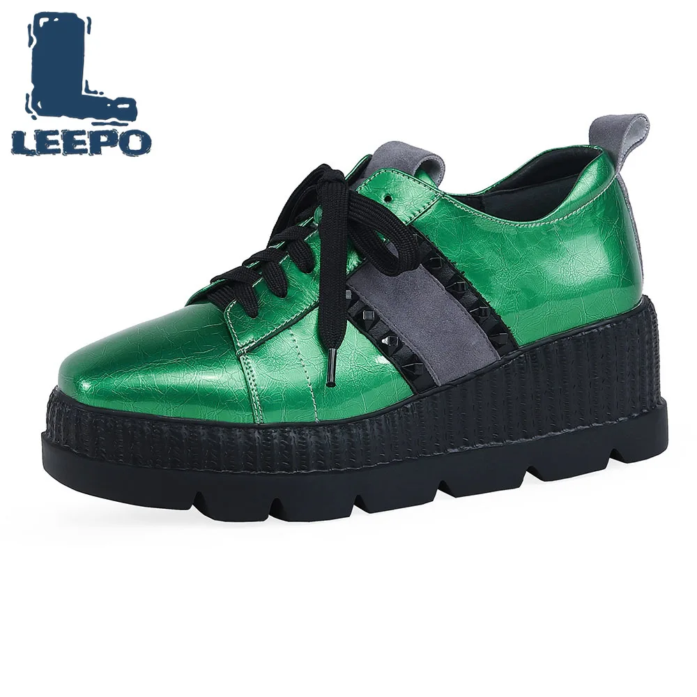 

LEEPO 2019 Fashion Casual Women Shoes Lace Up Flat Platform Shoes Woman Square Toe Wedges Luxury Genuine Leather Platform 6.5cm