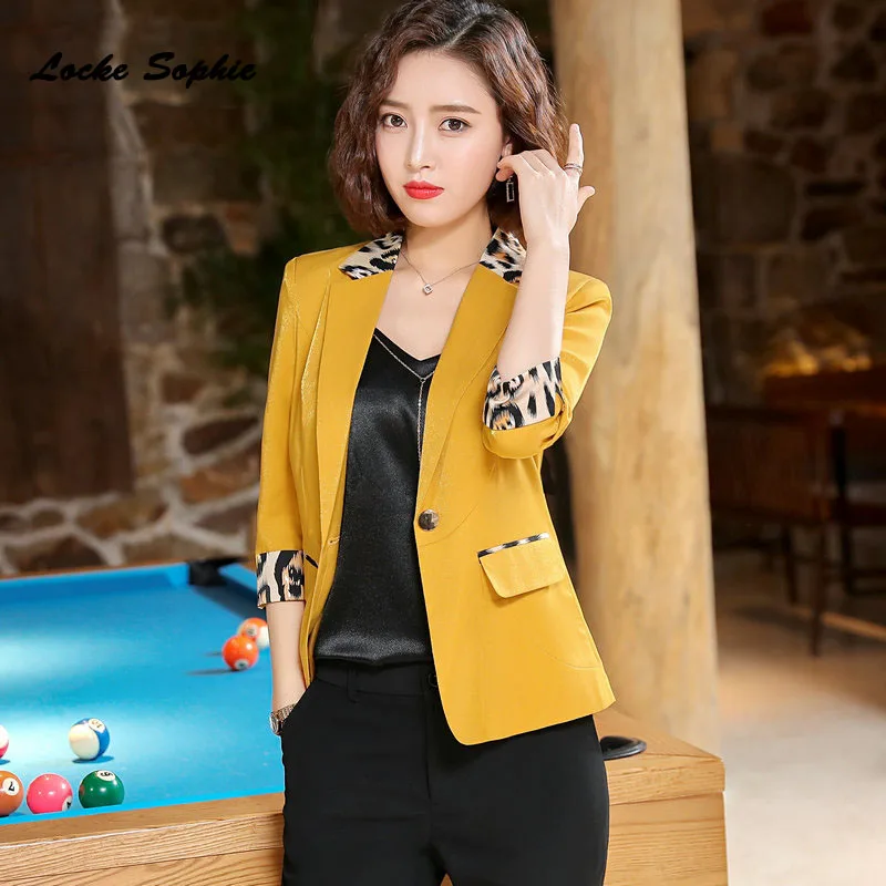 1pcs Women's Plus size Blazers coats 2019 Autumn cotton blend Leopard Splicing Small Suits jackets ladies Skinny Blazers Suits