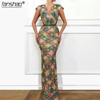 

Sequins Muslim Evening Dresses Lace Cap Sleeves Mermaid vestidos de festa Dubai Saudi Arabic Evening Gown Prom Dress