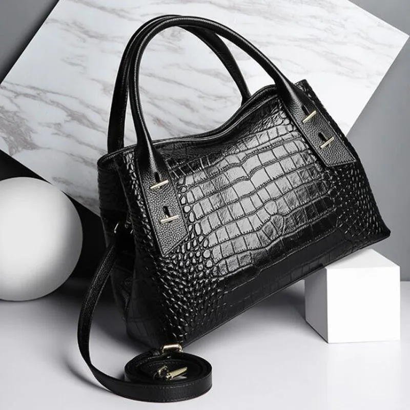 

Genuine Leather Women Boston Purse Crocodile Pattern Handbag Bags Handbags Female Designer Tote Bag Shoulder Bags