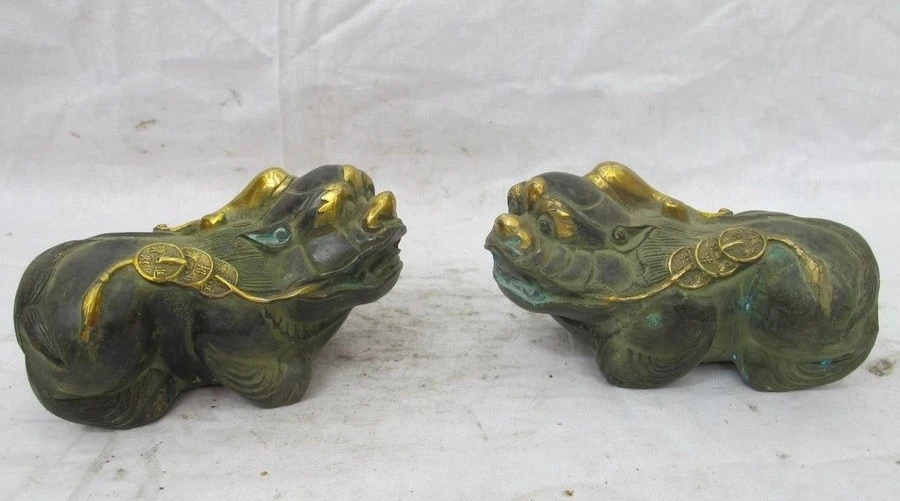 

China Feng Shui Bronze Gilded Lucky Money Pi Xiu Attract Wealth animal pair a 0518