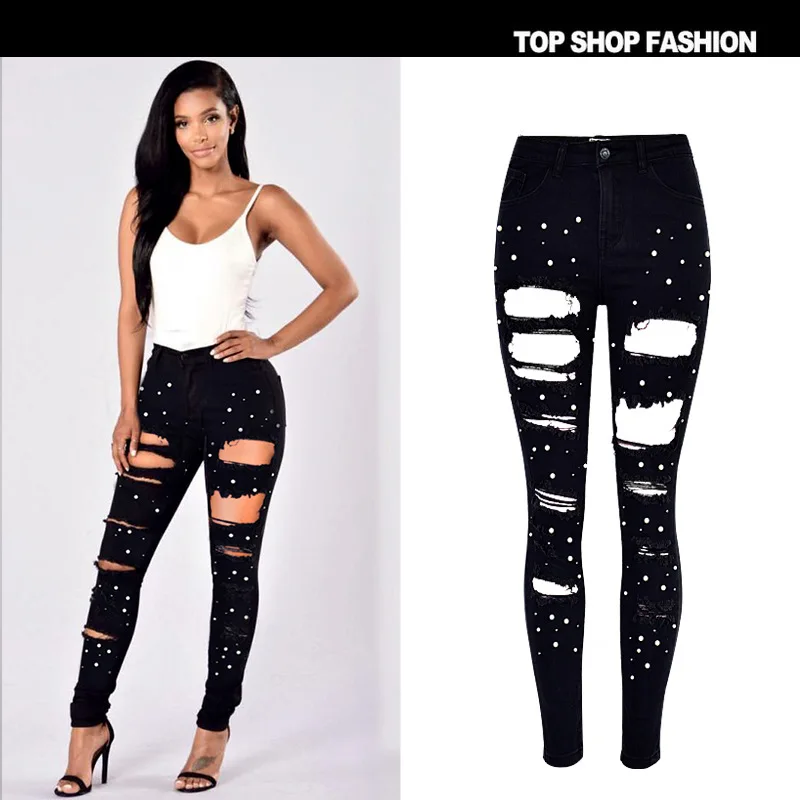 

New Europe and the United States women's slim stretch irregular color pearl studded skinny jean washing hole size