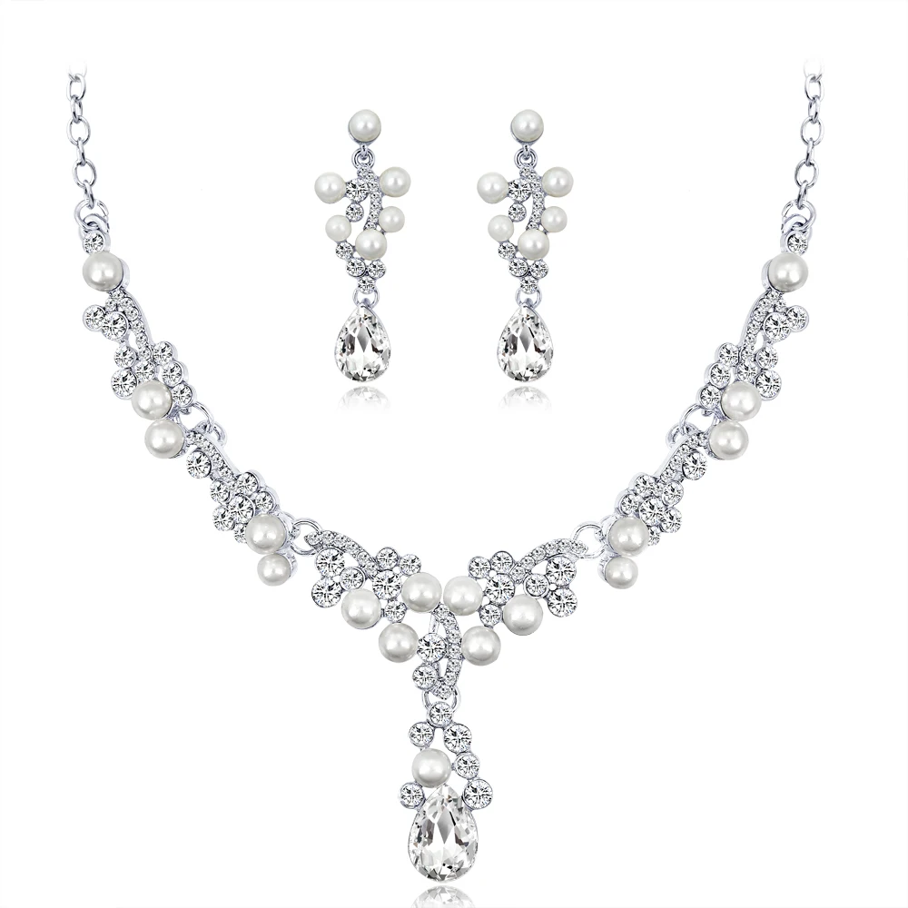 

Fashion Full Clear Crystal Simulated Peral Earrings/Necklace Jewelry Sets Long Dangle Pendant Waterdrop Shape Jewelry Sets
