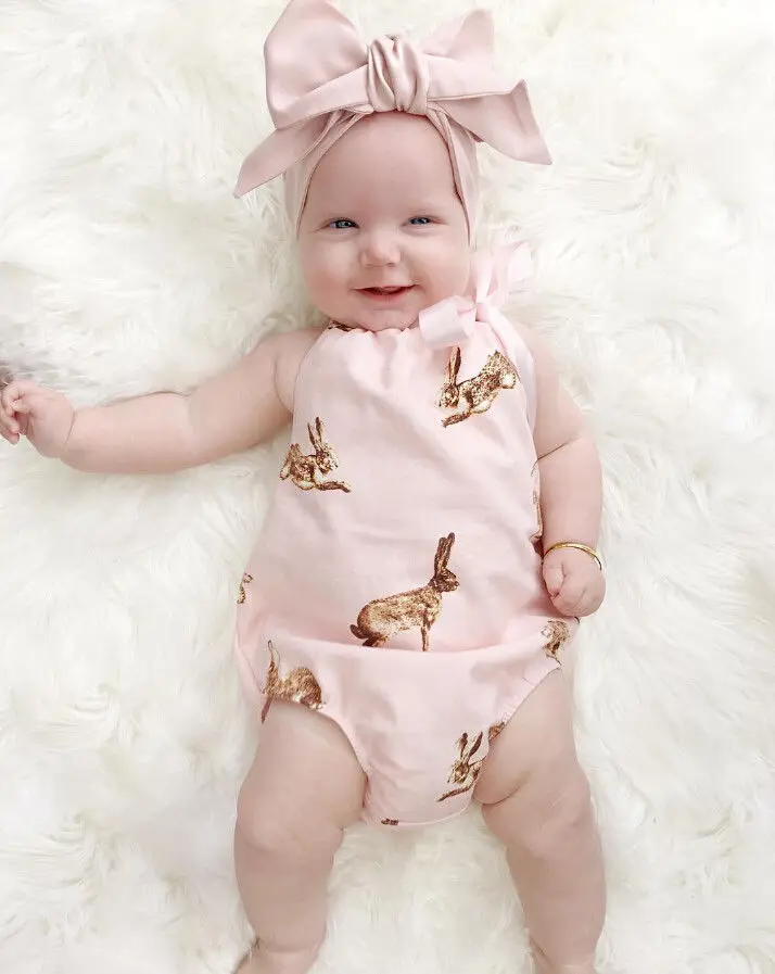 

2017 Cotton Animal Pink Covered Button Baby Girl Rompers Summer High Quality Sleeveless Beach Infant Girls Clothes with headband