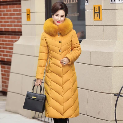 Новинка, зимняя женская куртка, плюс размер, 5XL, теплая утолщенная Женская куртка для среднего возраста, зимнее пальто с капюшоном, тонкое женское пальто, длинные парки - Цвет: yellow