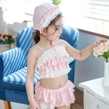 Г., милый детский купальный костюм в Корейском стиле купальный костюм для девочек розовый кружевной Детский купальник с оборками, бикини для маленьких девочек, комплект из 3 предметов, купальный костюм