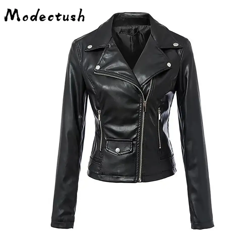 

Modecrush Black PU Leather Jacket Woman 2019 Autumn Spring Outerwear Womens Motorcycle Outerwear Ladies Jackets and Coats Winter