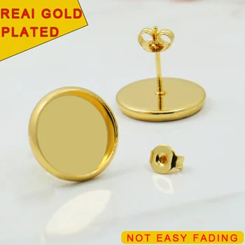 

(Never Fade) 10pcs 10mm Gold Color Copper Brass Earring Base Studs Ear Cameo Settings Cabochon Base Tray Blank (With Back)