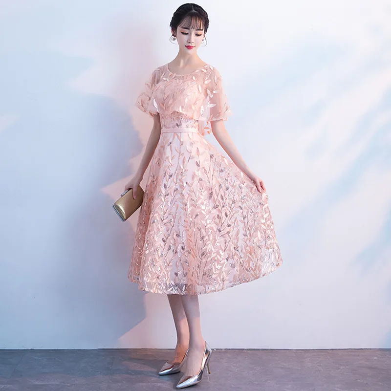Сладкие розовые женские платья, блестящее кружевное платье, длина до колена, женские трапециевидные платья для выпускного вечера, вечерние женские платья