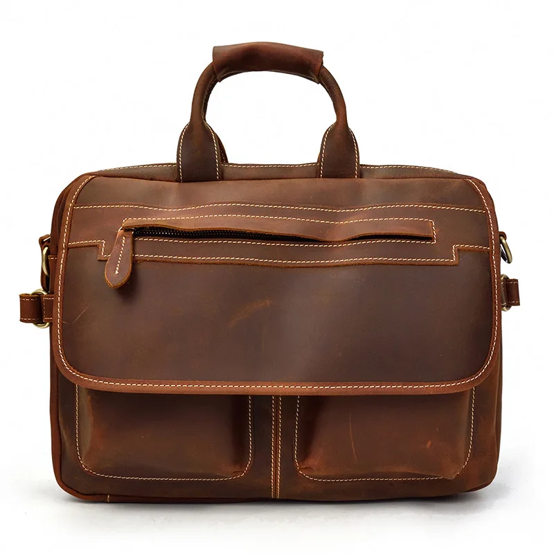 

Luxury 100% Genuine Leather Business Men's Briefcase Male Crazy Horse Real Leather Shoulder Vintage Messenger Tote Bag 15 Inches