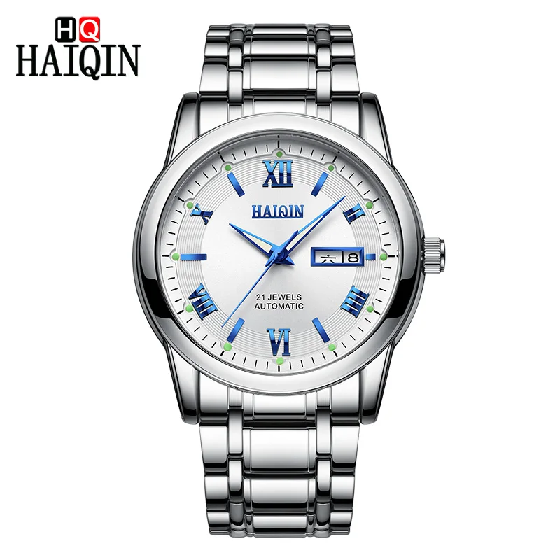 Мужские часы от ведущего бренда HAIQIN, Роскошные автоматические механические часы для мужчин, полностью стальные деловые водонепроницаемые спортивные часы - Цвет: Silver White