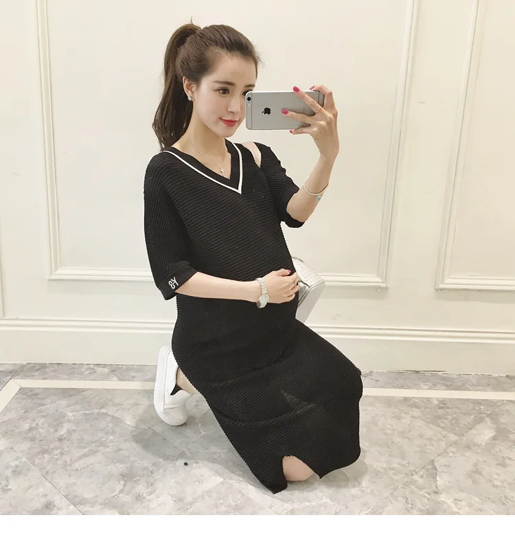 2018 Summer Short sleeve Side Splits White Maternity Dress Elegant Maternity Clothes for Pregnant Women Black Pregnancy Clothing (23)