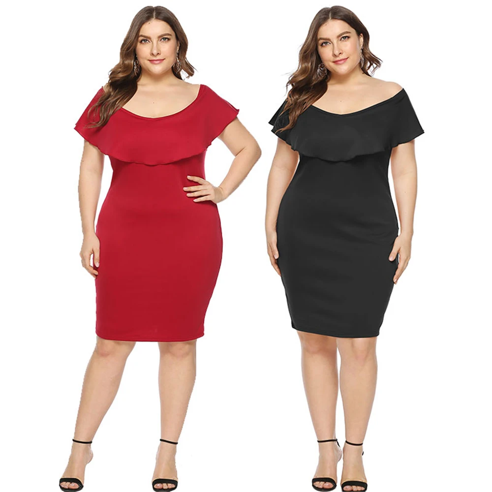 Louyebouho Women Plus Size Strapless Ruffle Dress Summer Sexy off Shoulder Slim Dresses Elegant Solid Color Robe Vestidos XL-4XL