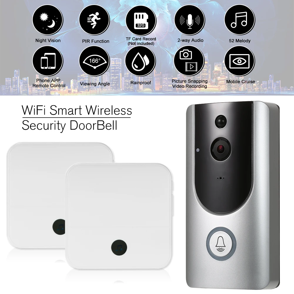 Беспроводной визуальный домофон 1080P Wi Fi дверной звонок для записи видео с ночным