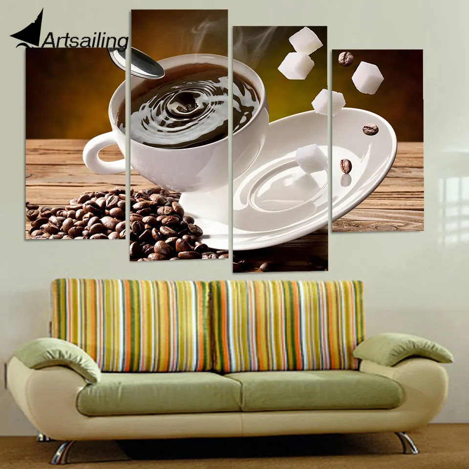 Canvas Painting 4 Piece Art Coffee Sugar Beans Cup Upset HD Printed Home Decor Poster Picture for Living Room XA323D | Дом и сад