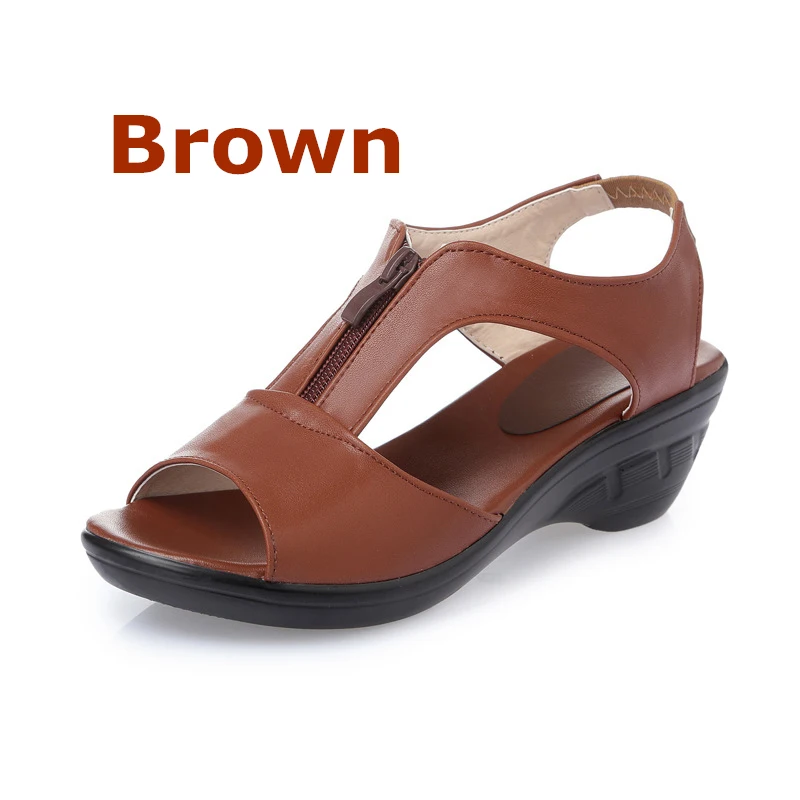 DONGNANFENG/женские сандалии для пожилых женщин; летние пляжные сандалии из натуральной коровьей кожи на молнии; Размеры 35-43; PGP-1153 - Цвет: brown
