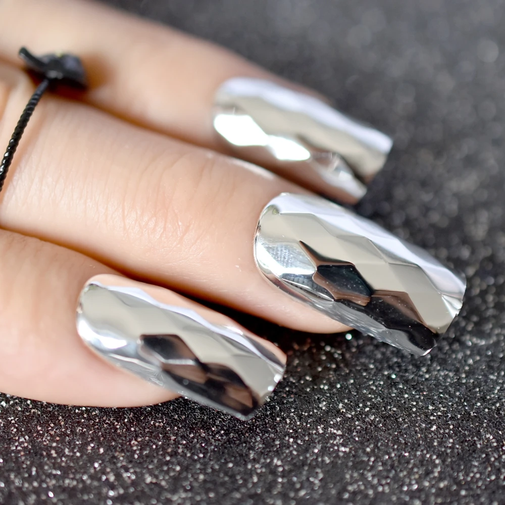 Модные металлические серебристые накладные ногти с 3D ромбовидным узором, длинные квадратные накладные ногти, крутой стиль, художественные французские кончики