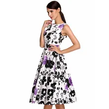 Plus Size Purple Rose Flower Printed One Piece Round Neckline Vintage Sleeveless Homecoming Retro Dress L36087-1