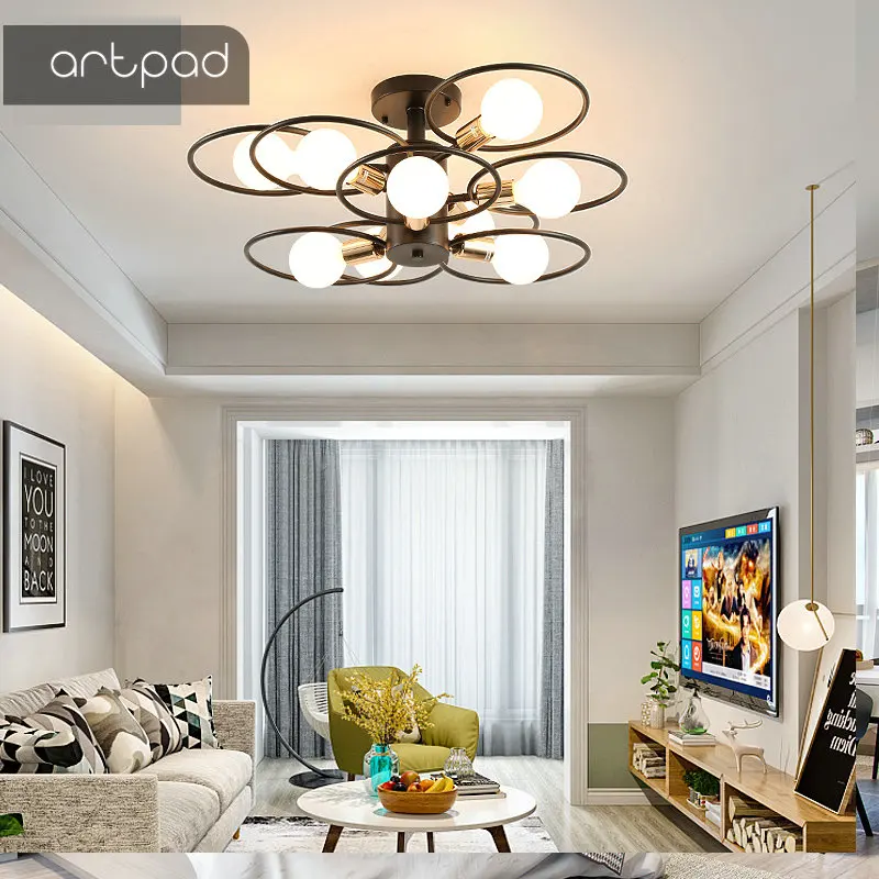 

Artpad Nordic Creative Living Room Ceiling Lights With 3/6/9 Heads E27 Bulb Vinatge Round Ring Ceiling Light Lamp Black