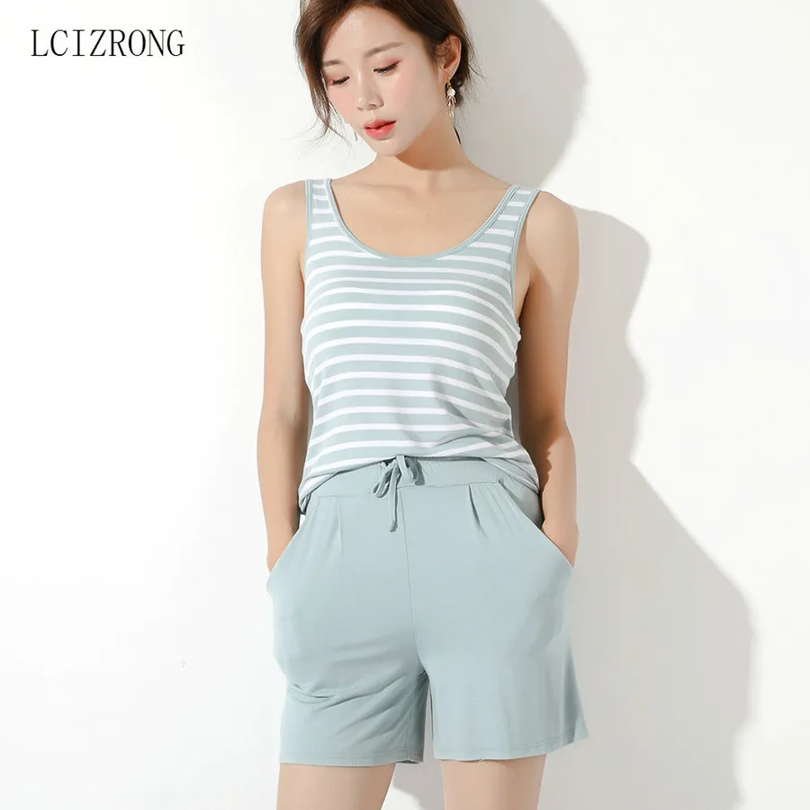 

Simple Striped 2pcs Pajamas Set Women Sleeveless Tanks Shorts Sleepwear Nightgown Suits Sexy Lingerie Modal Loose Pijama Mujer