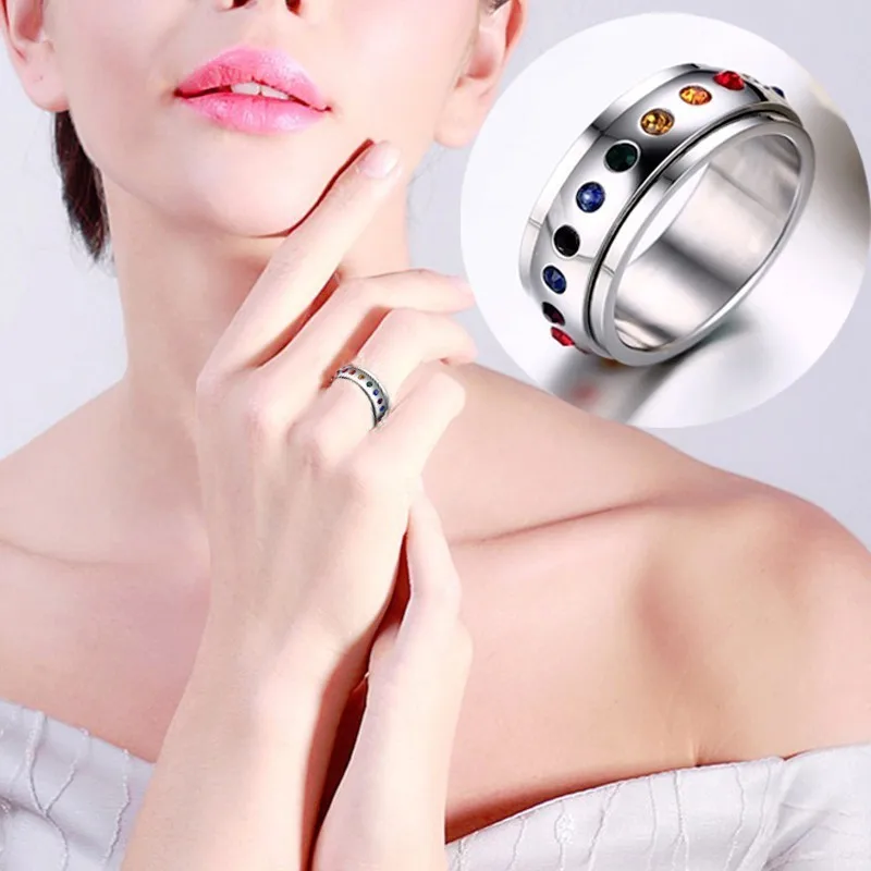

8mm Women Rings Rainbow Crystal Stone Spinner Silver Color Weddings Brands Engagement Party Charm Pulseira Feminina Jewelry