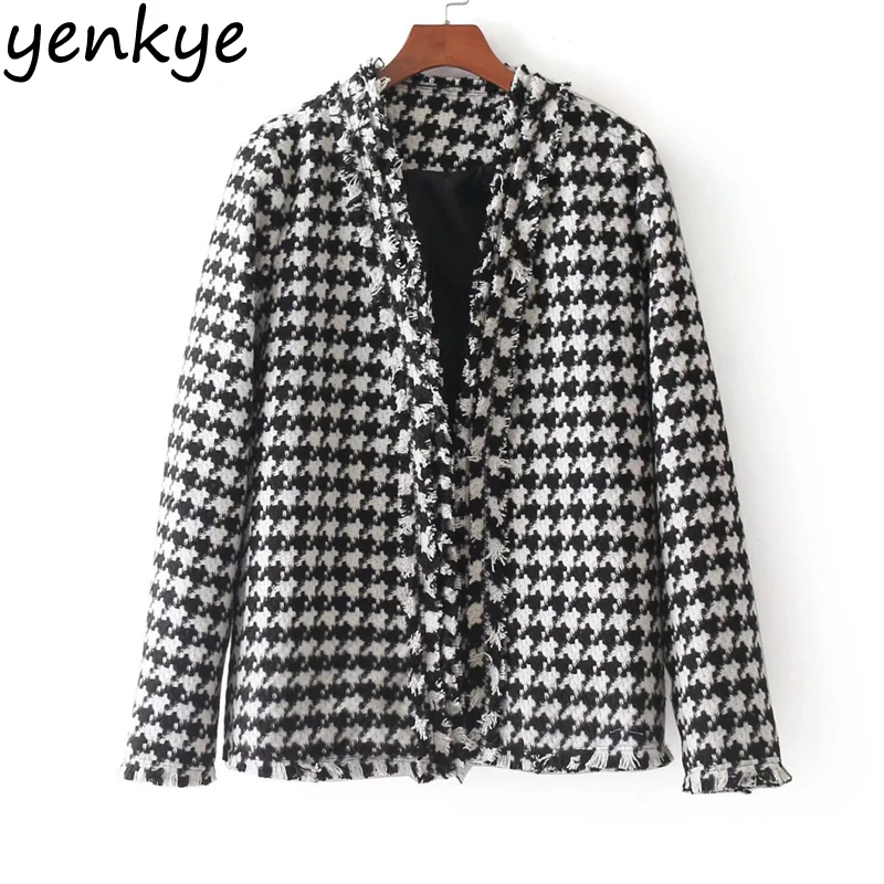 Women Vintage Houndstooth Blazer Jacket V Neck Long Sleeve